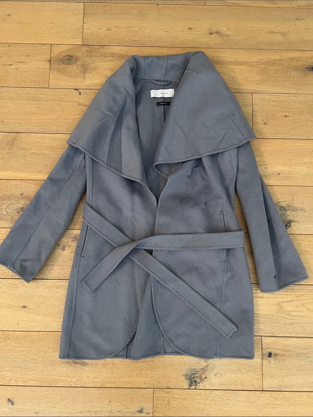 T Tahari Slate Blue Belted Wool Blend Coat